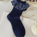 Navy blue wool socks with yellow floral lace trim for a sweet minimalist style - One Size / Navy Blue