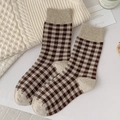 Sweet brown and beige plaid crew socks for women with cozy knitted texture and rib cuffs - Light Coffee Red Grid