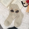 Beige crew socks with cute cartoon bear pattern in soft wool blend for winter - One Size / Beige