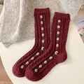 Calze spesse in lana bordeaux con trama a treccia e ricami a margherita piccoli - Taglia unica / Borgogna