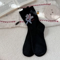 Black mid-calf cotton socks with embroidered teddy bear and blue plaid bow detail - One Size / Black