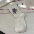 Cute beige mid-calf socks with plush bear patch and checkered bow in sweet style - One Size / White
