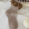 Brown wool-blend knit socks with floral ruffle trim and cozy warm texture style - One Size / Brown