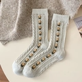 Calze in lana grigio chiaro con maglia a trecce, ricamo floreale retrò e texture calda - Taglia unica / Beige