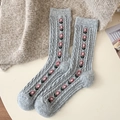 Calze grigie in lana a maglia intrecciata con ricami di tulipani e trama a coste - Taglia unica / Grigio chiaro