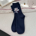 Navy blue mid-calf socks with cute white bear embroidery and blue plaid bow detail - One Size / Dark Blue