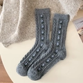 Thick grey cable knit wool socks with blue floral embroidery for winter warmth - One Size / Dark Gray