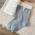 Blue and gray striped wool knit socks displayed on a vintage book and plush mat - Light Blue