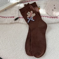 Deep brown cotton socks with cute bear embroidery and a blue checkered bow ornament - One Size / Coffee