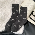 Dark grey wool mid-calf socks with white bow pattern for warm autumn winter wear - One Size / Dark Gray