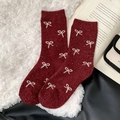 Dark red heathered wool blend socks featuring white knit bows and ribbed cuffs - One Size / Burgundy