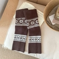 Knitted leg warmers in dark brown with Nordic snowflake patterns for winter wear - One Size / Coffee