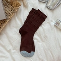 Brown and light blue color block mid-calf socks with ribbed knit texture and slouchy design - One Size / Coffee (Light Blue Toe)