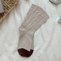 Oatmeal knit mid-calf socks with contrast coffee brown toe and ribbed texture - One Size / Khaki/Oatmeal (Dark Coffee Toe)