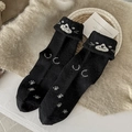 Süße schwarze Thermo-Wollsocken mit weißem Cartoon-Katzengesicht und Pfotenabdrücken - Einheitsgröße / Schwarz