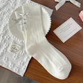 White ribbed mid-calf socks with grey bow tie and heart embroidery in ballet style - One Size / White