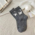 Dark grey wool cat socks with plaid bow detail and warm knit texture for winter - One Size / Dark Gray