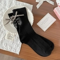 Sweet black ballet-style mid-calf socks with grey bow and white heart embroidery - One Size / Black