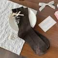 Dark coffee ribbed crew socks with ribbon bow and heart embroidery in ballet aesthetic - One Size / Coffee