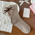 Coffee brown rib-knit crew socks with bow ribbon and heart embroidery for women - One Size / Khaki