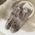 Coffee brown wool socks with cartoon cat embroidery and cute paw prints on warm fabric - One Size / Light Coffee
