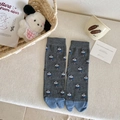 Cute dark gray crew socks with blue cartoon dog patterns and contrasting blue heels - One Size / Dark Gray