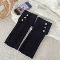 Retro black cable knit leg warmers for women with wooden buttons and folded cuffs - Black
