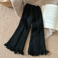 Fashionable black ribbed knit leg warmers with vintage frayed edges for women - One Size / Black