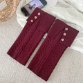 Retro wine red knit leg warmers with cable pattern and decorative wooden buttons - Red