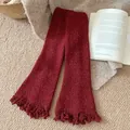 Red knit leg warmers with fringe trim detail, cozy winter accessory for women - One Size / Red
