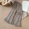 Grey ribbed knit leg warmers with fringe edges for a cozy winter lounge aesthetic - One Size / Light Coffee