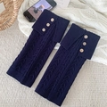 Dark blue cable-knit leg warmers for women featuring decorative wood buttons - Dark Blue