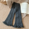Dark gray knitted leg warmers with flared fringe trim and vertical ribbed texture - One Size / Dark Gray
