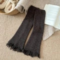 Dark brown chunky knit leg warmers with trendy frayed edges and tassel hem detail - One Size / Dark Coffee