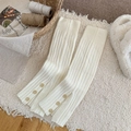 Cream knit leg warmers with vertical rib patterns and decorative side buttons - One Size / White