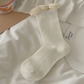 Korean style cream white mid-calf socks with ribbed texture and floral lace trim - One Size / White