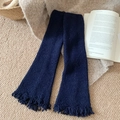 Dark blue knitted leg warmers with vertical rib texture and fringe edge detail - One Size / Dark Blue