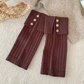 Dark brown ribbed knit leg warmers with vintage buttons and a cozy fold-over cuff design - One Size / Coffee
