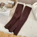 Dark brown ribbed knit leg warmers with button detail for winter fashion - One Size / Coffee