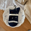 Chaussettes mi-mollet bleu marine en coton avec broderie florale et bords festonnés - Taille unique / Bleu Marine (Broderie Florale)