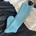 Sky blue pointelle knit knee high socks with sweet lace trim and vintage diamond patterns - One Size / Light Blue