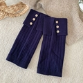 Dark blue ribbed knit leg warmers with folded cuffs and three wooden buttons - One Size / Dark Blue