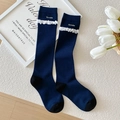 Calze al ginocchio blu navy con pizzo bianco e ricamo Smile dorato elegante - Blu Notte (Ricamo Smile)
