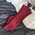 Sweet wine red hollow knit calf socks with floral lace pattern and retro aesthetic style - One Size / Burgundy