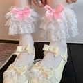 Chaussettes blanches à dentelle et nœuds en satin rose style Lolita doux - Blanc avec noeud rose