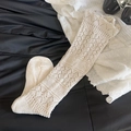 Cream white crochet knit calf socks with elegant vintage lace hollow pattern - One Size / Off White