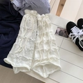 White knit leg warmers with hollow crochet patterns and drawstring bow detail - One Size / White