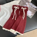Scaldamuscoli bordeaux in maglia con fiocco bianco e bordo a contrasto stile collegiale - Taglia unica / Rosso