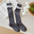 Dark grey knee-high socks with white polka dots, lace trim and Smile embroidery - Grey (White Polka Dot Smile)