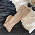 Chic beige knit leg warmers with hollow crochet patterns paired with Mary Jane shoes - One Size / Light Coffee